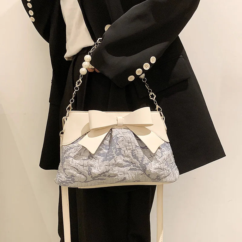 Sweet PU Leather Handbag with Pearls Beading