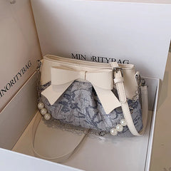 Sweet PU Leather Handbag with Pearls Beading