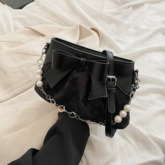 Sweet PU Leather Handbag with Pearls Beading
