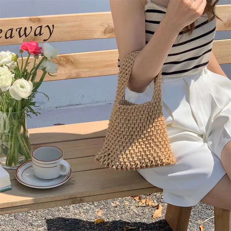 Cotton Hollow Small Tote Women Mesh Handbag Retro Net Beach Buack Bags