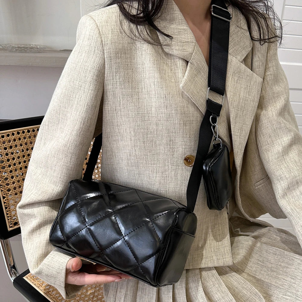 Ladies Bucket PU Shoulder Bag Messenger Bags Female Diamond Lattice Handbag