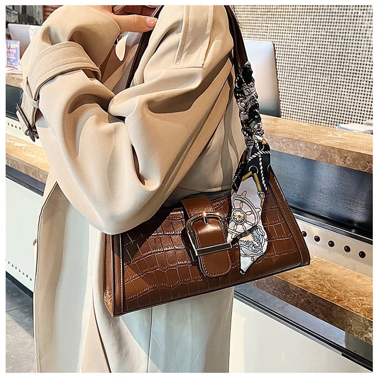 Crocodile Pattern Women's Shoulder Bag Scarf Crossbody Bag