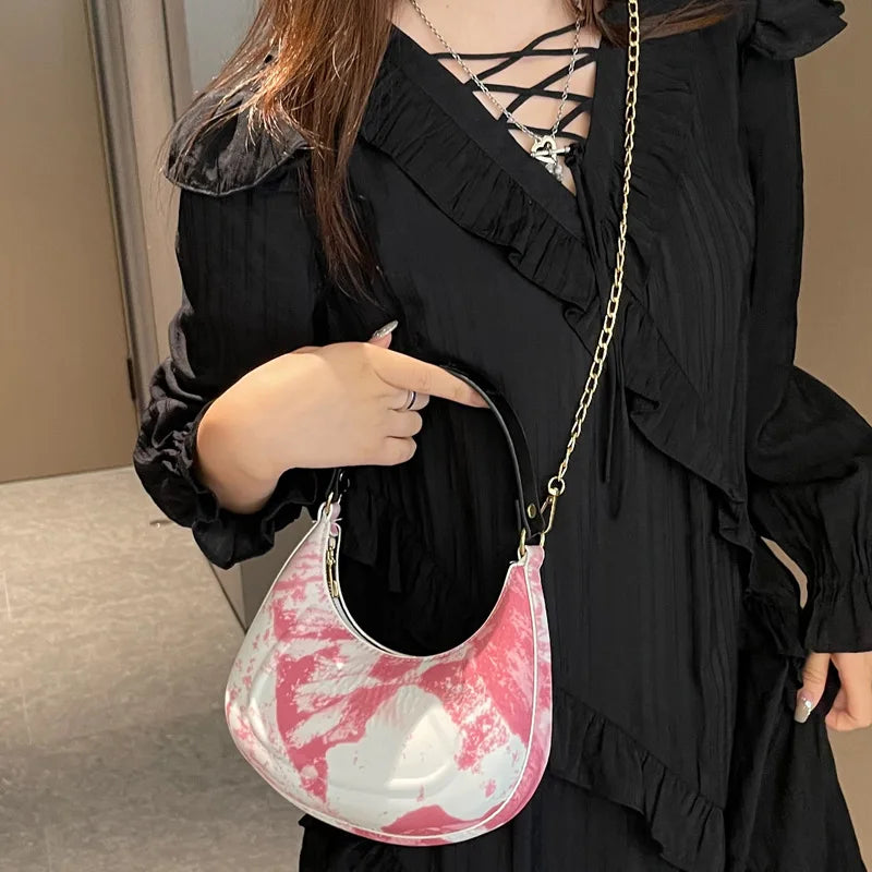 Floral Print Chain Crossbody Bag Half Moon Handbag