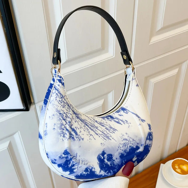 Floral Print Chain Crossbody Bag Half Moon Handbag