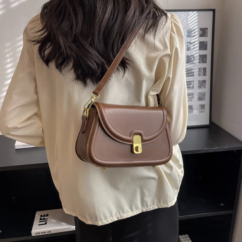 PU Leather Women's Shoulder Bag Lock Saddle Small Crossbody Bag