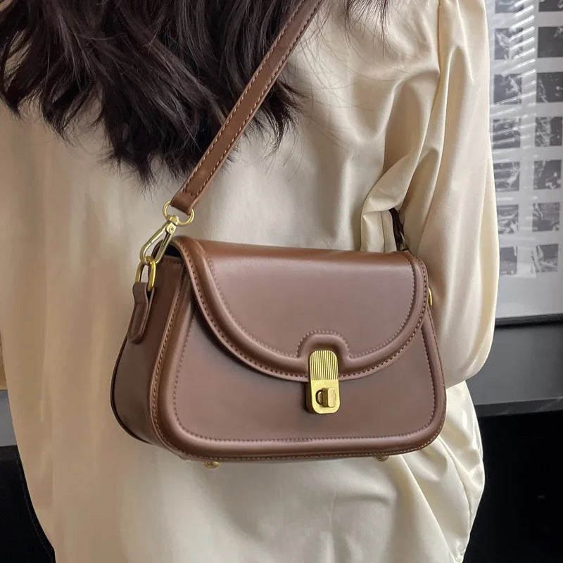 PU Leather Women's Shoulder Bag Lock Saddle Small Crossbody Bag