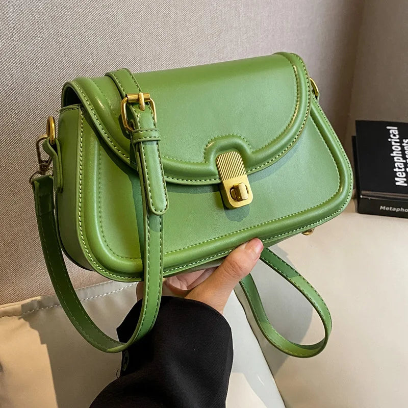 PU Leather Women's Shoulder Bag Lock Saddle Small Crossbody Bag