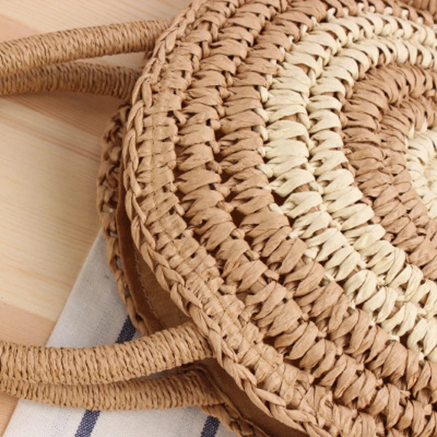 British Style Beach Straw Bag Round Stripes Messenger Dual-use Casual Bag