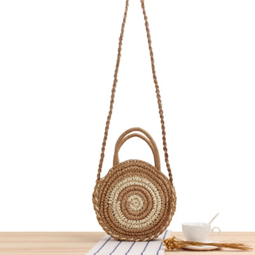 British Style Beach Straw Bag Round Stripes Messenger Dual-use Casual Bag