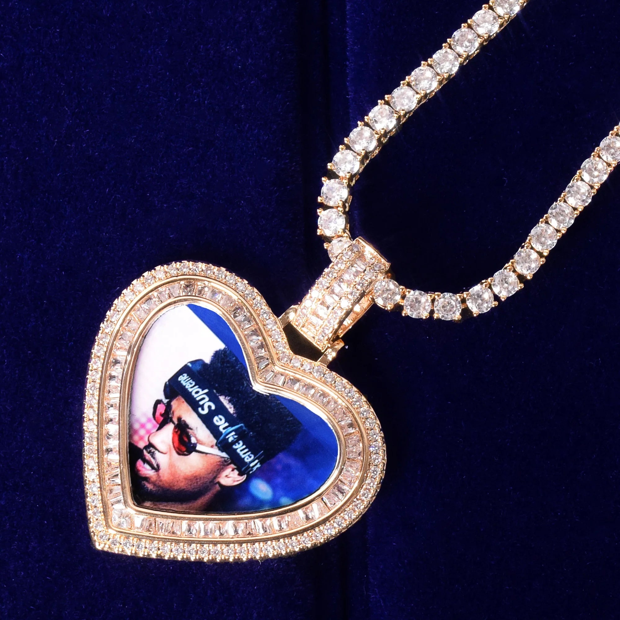Bubble Letter Photo Necklace for Men Baguette Charms Hip Hop Jewelry