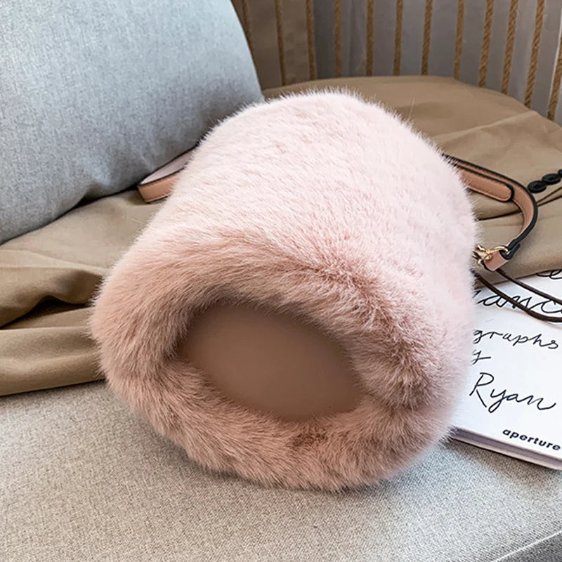 Faux Fur Winter Bucket Bag Handbag Women Shoulder Crossbody Bag