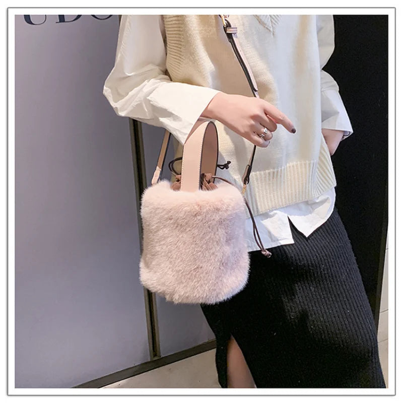 Faux Fur Bucket Bag Winter Shoulder Crossbody Handbag