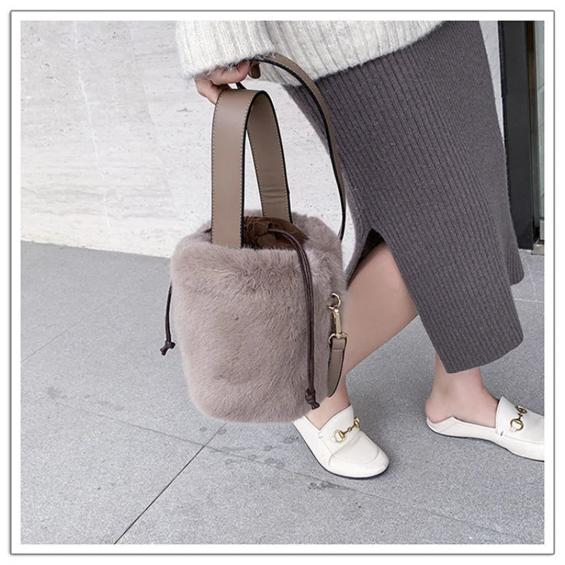 Faux Fur Winter Bucket Bag Handbag Women Shoulder Crossbody Bag