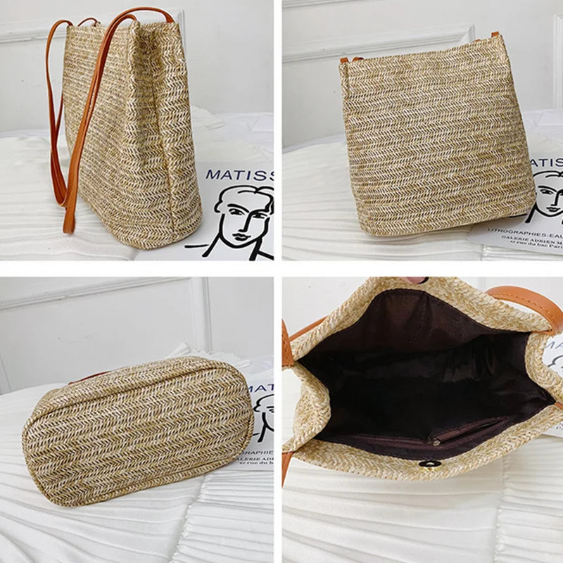 Vintage Woven Straw Beach Bag Bohemian Tote