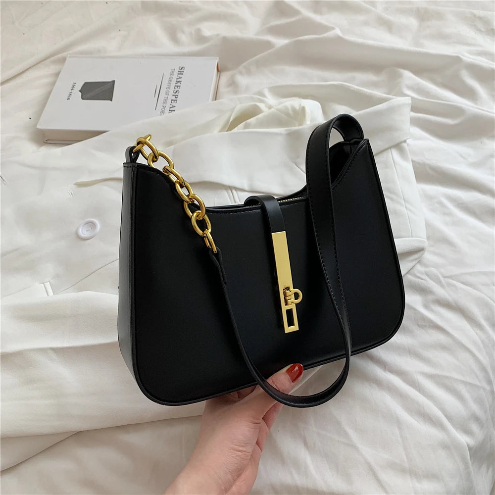 Half Moon Chain Shoulder Bags For Women Winter Solid Bucket Ladies Handbags