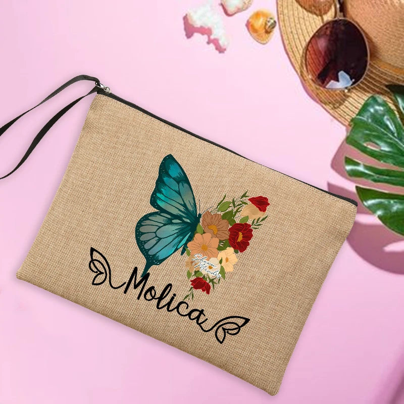Butterfly Name Women's Pouches Linen Makeup Bag Personalised Travel Clutch Bags