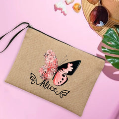 Butterfly Name Women's Pouches Linen Makeup Bag Personalised Travel Clutch Bags