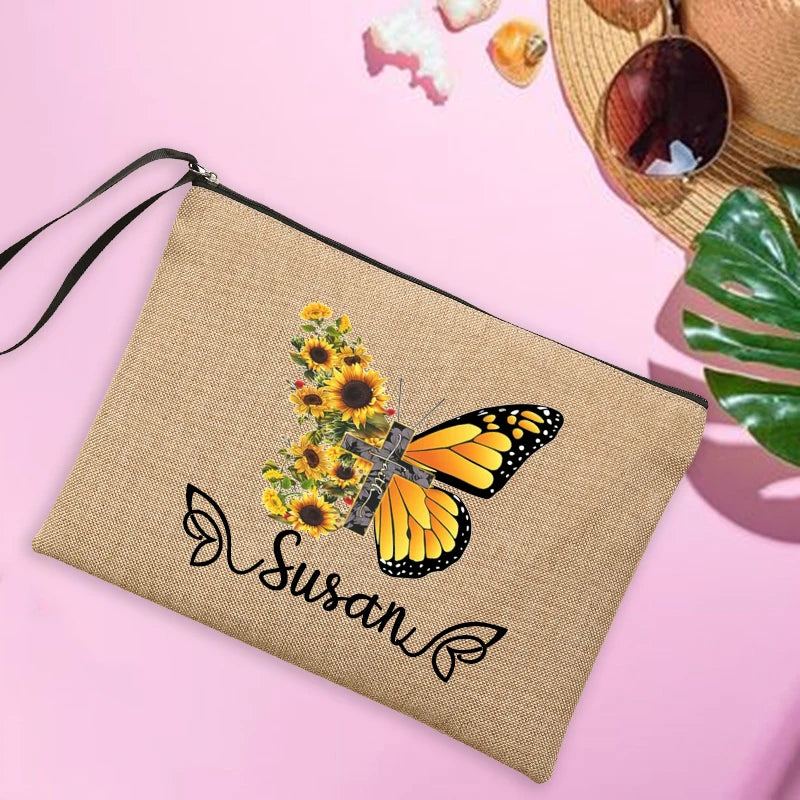 Butterfly Name Women's Pouches Linen Makeup Bag Personalised Travel Clutch Bags
