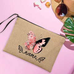 Butterfly Name Women's Pouches Linen Makeup Bag Personalised Travel Clutch Bags