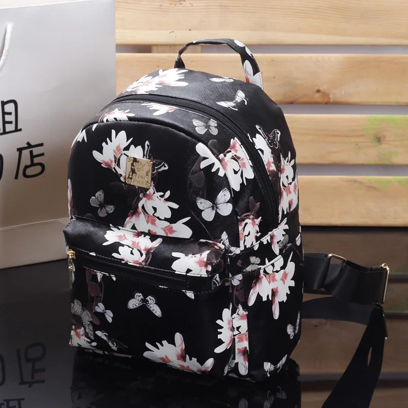 Butterfly Flower Girls Backpack Floral Pattern PU Leather Leisure Backpack