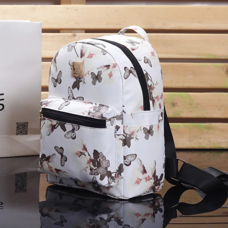 Butterfly Flower Girls Backpack Floral Pattern PU Leather Leisure Backpack