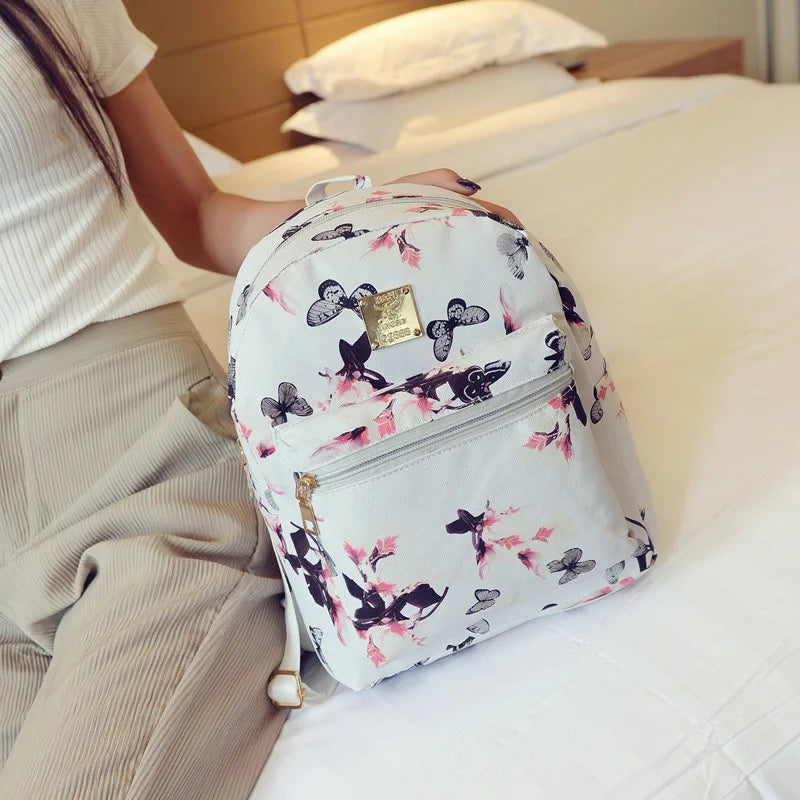 Butterfly Flower Girls Backpack Floral Pattern PU Leather Leisure Backpack