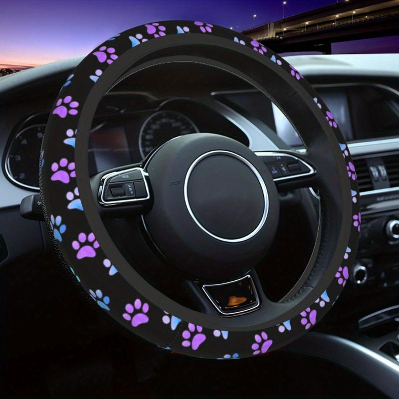 Purple Galaxy Paw Prints Steering Wheel Cover Anti-Slip Universal Car Interior