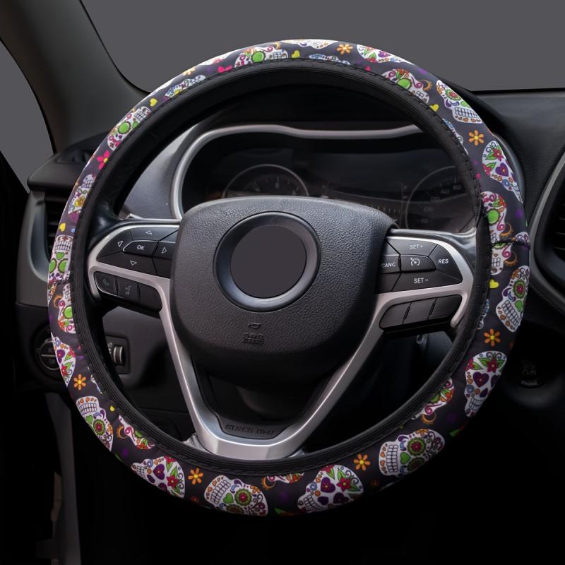 Colorful Skull Print Steering Wheel Cover Universal Sugar Skull Cover