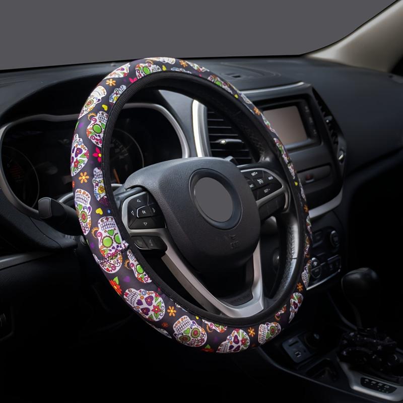 Colorful Skull Print Steering Wheel Cover Universal Sugar Skull Cover