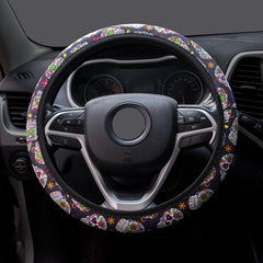 Colorful Skull Print Steering Wheel Cover Universal Sugar Skull Cover