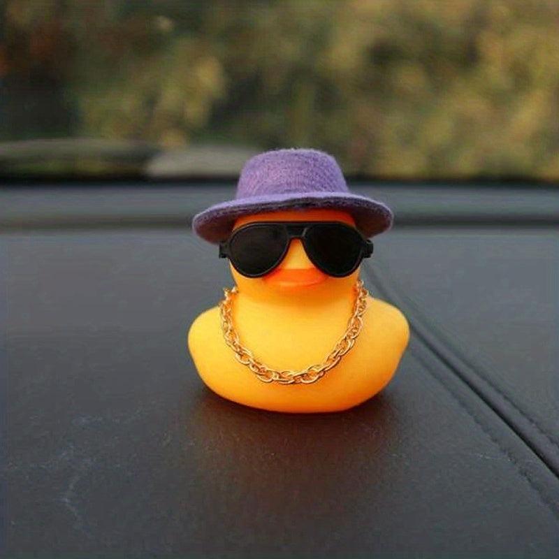Rubber Yellow Duck Car Ornament With Sunglass Jazz Hat And Necklace