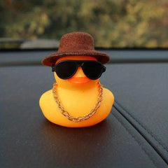 Rubber Yellow Duck Car Ornament With Sunglass Jazz Hat And Necklace