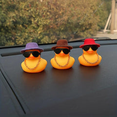 Rubber Yellow Duck Car Ornament With Sunglass Jazz Hat And Necklace