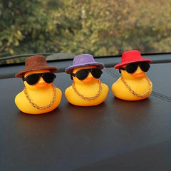 Rubber Yellow Duck Car Ornament With Sunglass Jazz Hat And Necklace