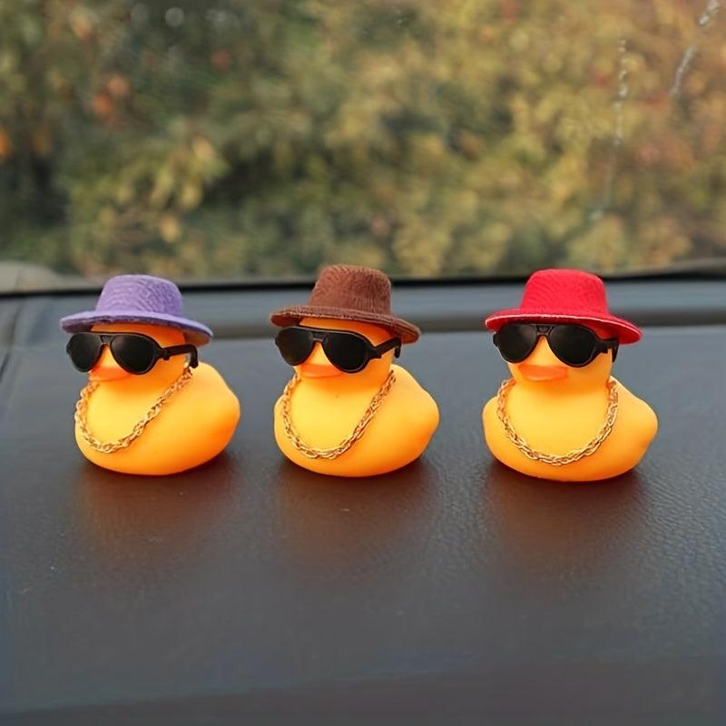 Rubber Yellow Duck Car Ornament With Sunglass Jazz Hat And Necklace