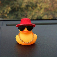 Rubber Yellow Duck Car Ornament With Sunglass Jazz Hat And Necklace