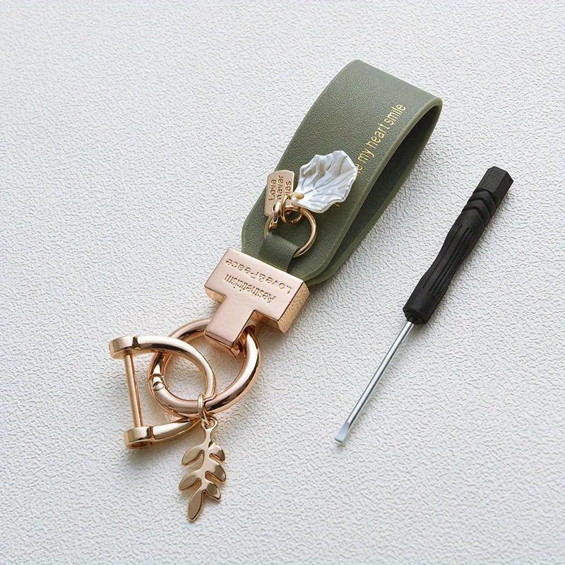 Leaf Shell Pendant Keychain PU Leather Key Ring for Women Men