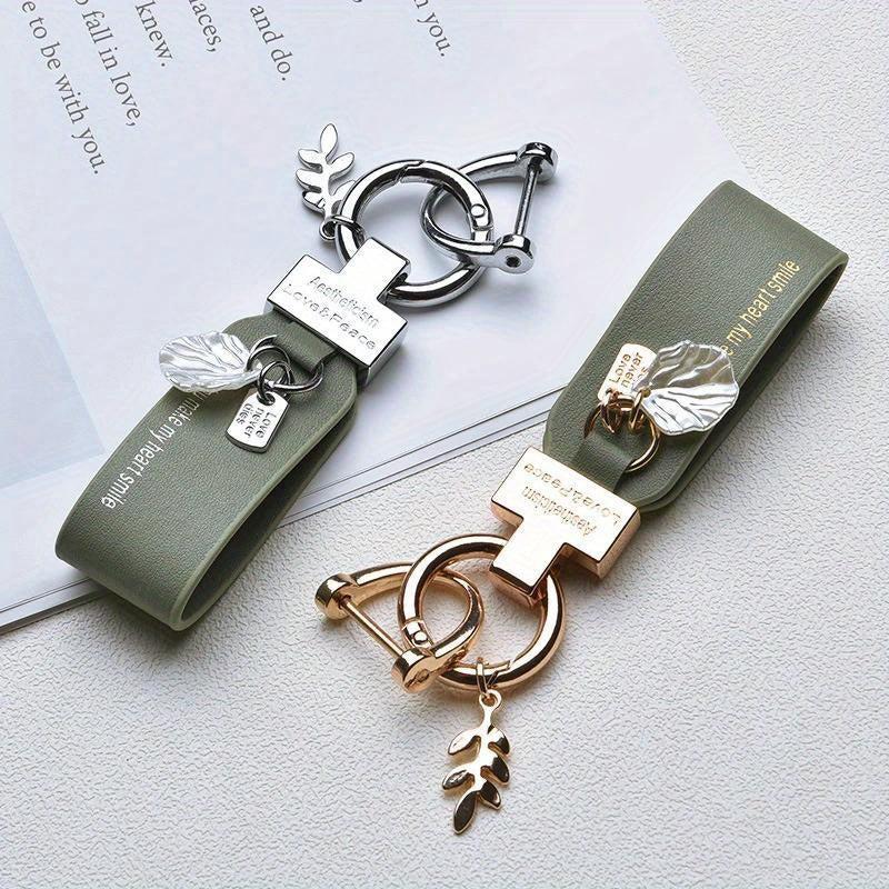 Leaf Shell Pendant Keychain PU Leather Key Ring for Women Men