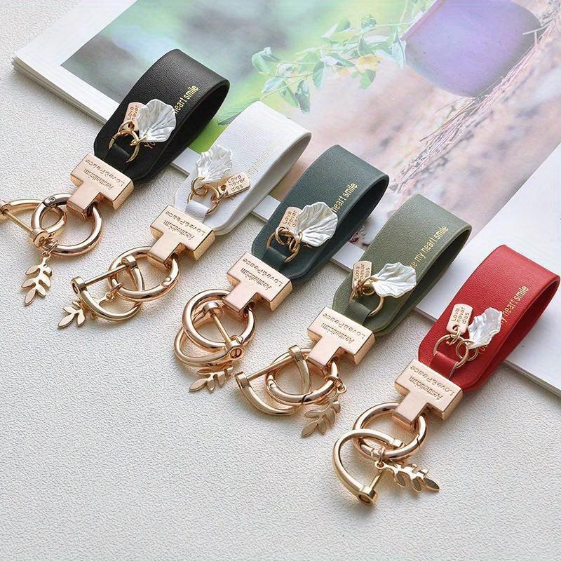 Leaf Shell Pendant Keychain PU Leather Key Ring for Women Men