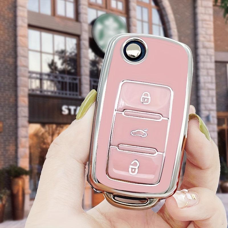 TPU Anti-drop Car Key Case Pink for Volkswagen Skoda