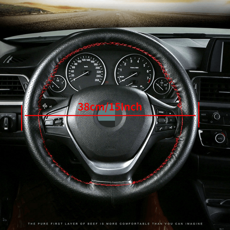 15in PU Leather Soft Steering Wheel Cover Needles Thread Case Protector