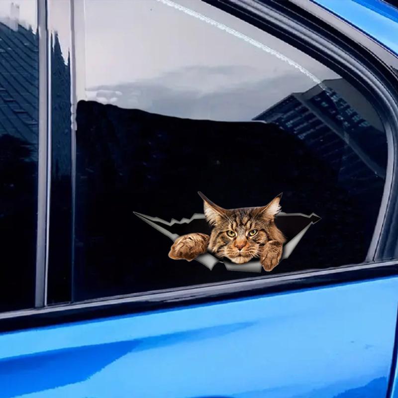 Maine Coon Car Sticker Torn Metal Decal 3D Funny Cat Decal Waterproof