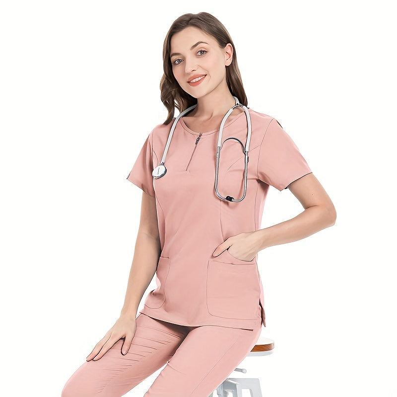 Women's Doctor Brush Hand Coat Zipper Pocket Front Scrub Top