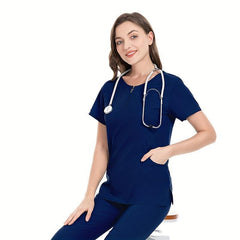 Women's Doctor Brush Hand Coat Zipper Pocket Front Scrub Top