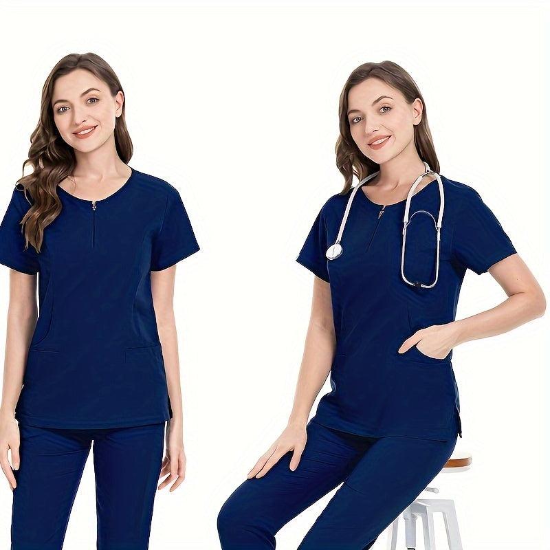Women's Doctor Brush Hand Coat Zipper Pocket Front Scrub Top