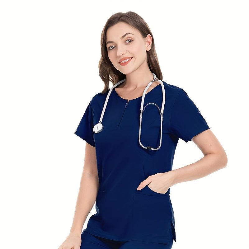 Women's Doctor Brush Hand Coat Zipper Pocket Front Scrub Top