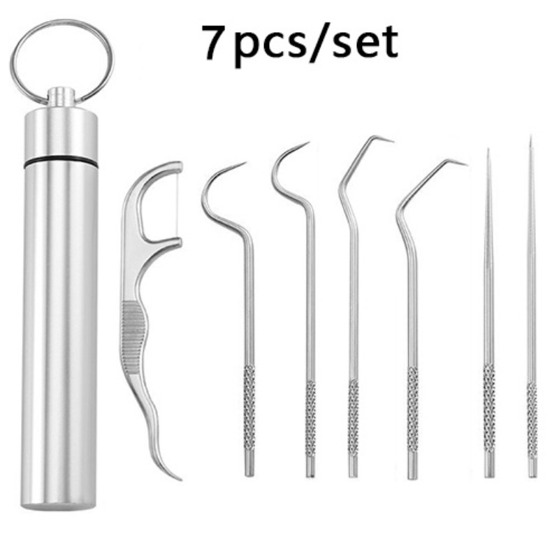 7pcs Stainless Steel Toothpick Set Flossing Reusable Toothpicks