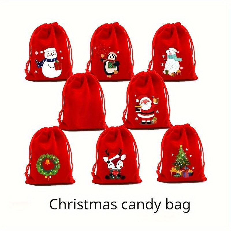 5pcs Red Christmas Velvet Bags 9x12 Drawstring Pouch Candy Gift Bag