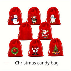 5pcs Red Christmas Velvet Bags 9x12 Drawstring Pouch Candy Gift Bag