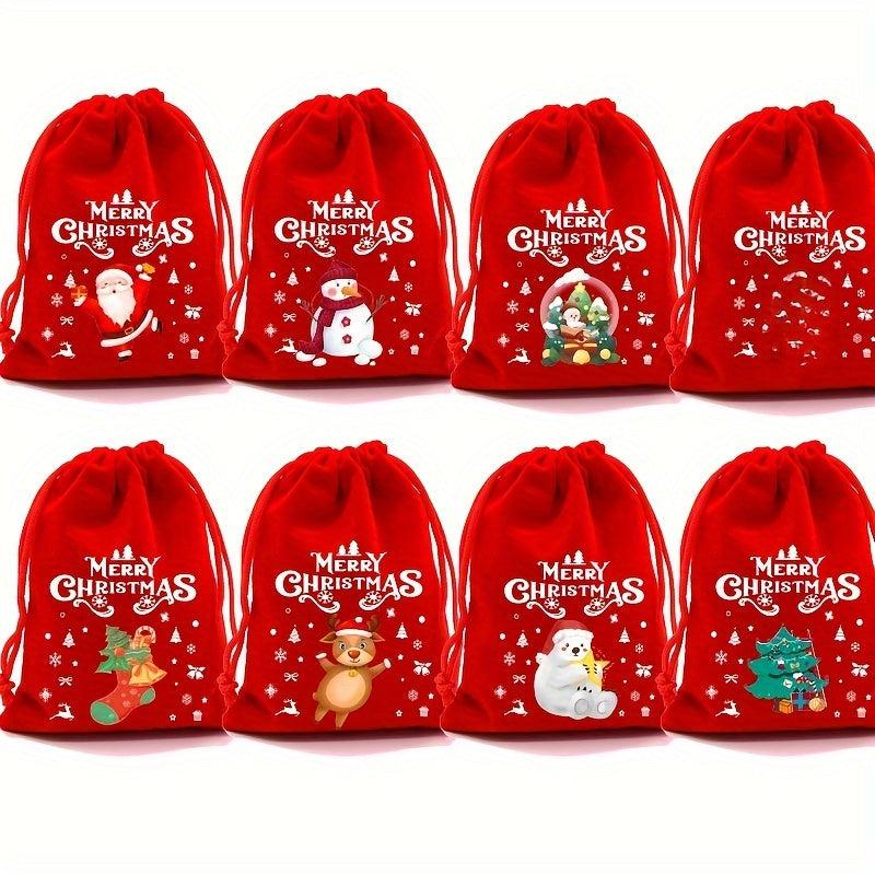 5pcs Red Christmas Velvet Bags 9x12 Drawstring Pouch Candy Gift Bag